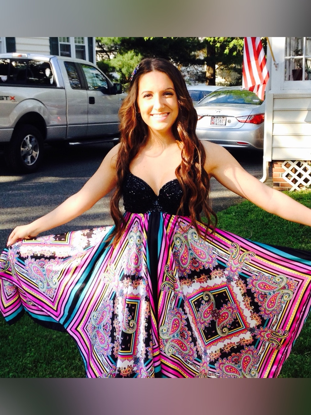 Black Sequin Bodice Multicolor Paisley Waterfall Dress